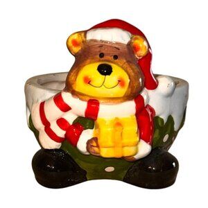 Christmas Bear Ceramic Candle Holder Snowy Green & Red Design 3" Tall Decorative